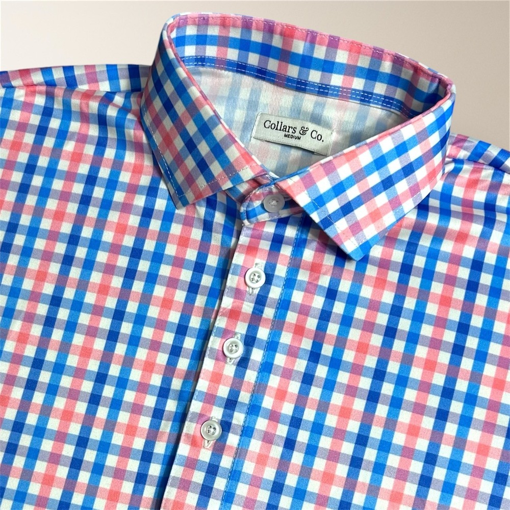 Collars & Co M Blue‎ Pink Gingham Dress Collar Polo Shirt Stretch Short Sleeve